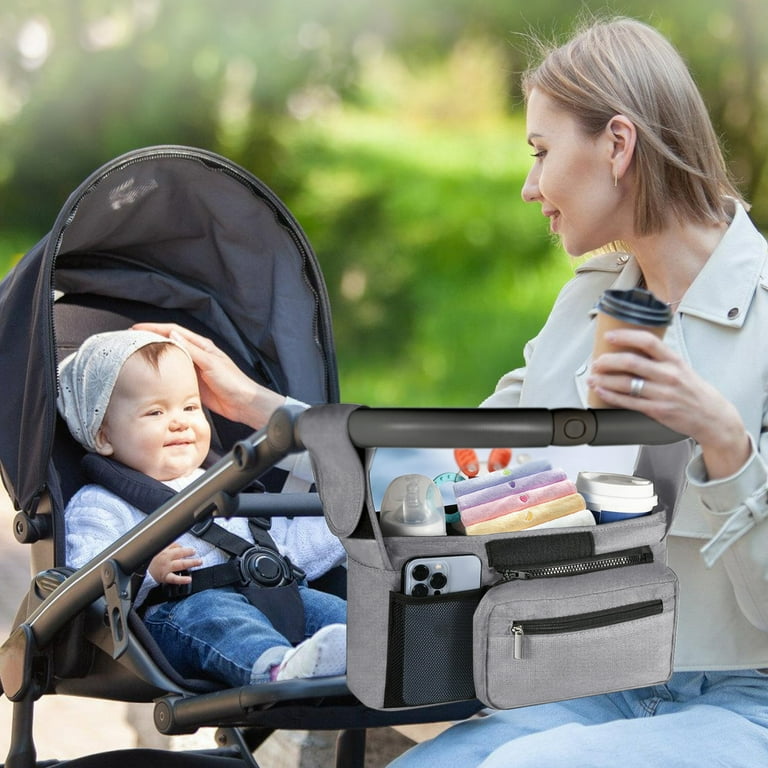 Universal Stroller Organizer Non Slip Straps Stroller Caddy with Insulated 2 Cup Holder Detachable Phone Bag Shoulder Strap Fits for Stroller Like