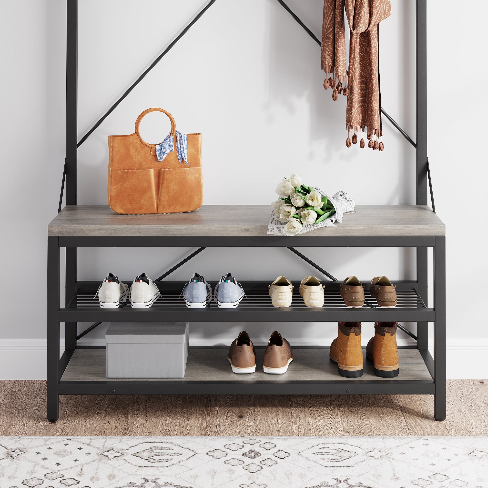 EastVita Coat Rack Shoe Bench Industrial Hall Tree Storage Bench for Entryway Wood Look Accent Large Shoe Rack Bench with Storage Shelf Hanging Bar,8 Hooks Grey 39.9"x15.7"x72"