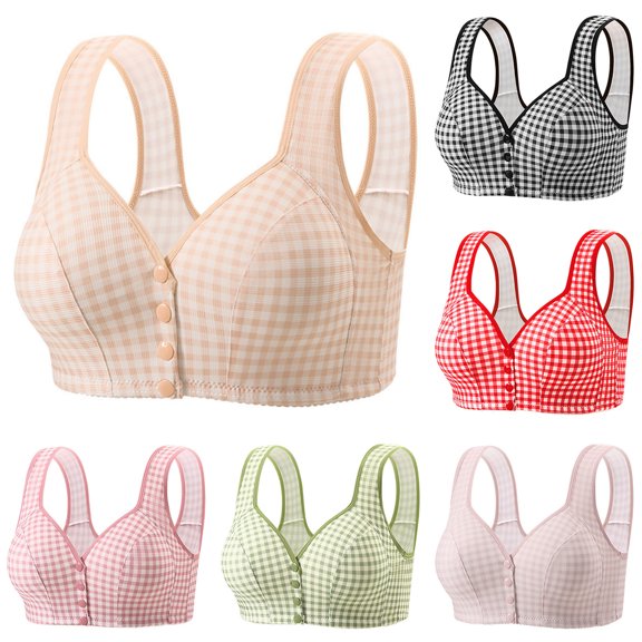 Byworldtasic Womens Plus Size Gingham Front Button Wireless Bra Wide Shoulder Strap Easy‑On Comfort Bralette