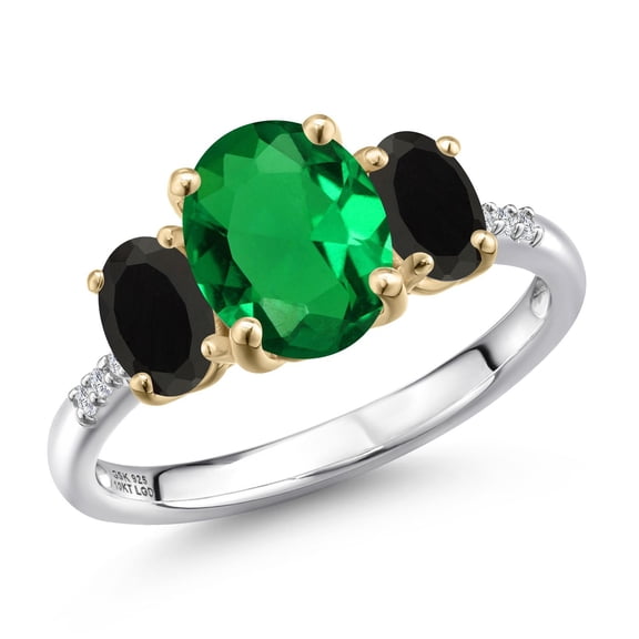 Gem Stone King 925 Silver and 10K Yellow Gold Green Nano Emerald and Black Onyx and Lab Grown Diamond Engagement Ring for Women | 2.36 Cttw | Oval 9X7MM | May Birthstone | Size 7