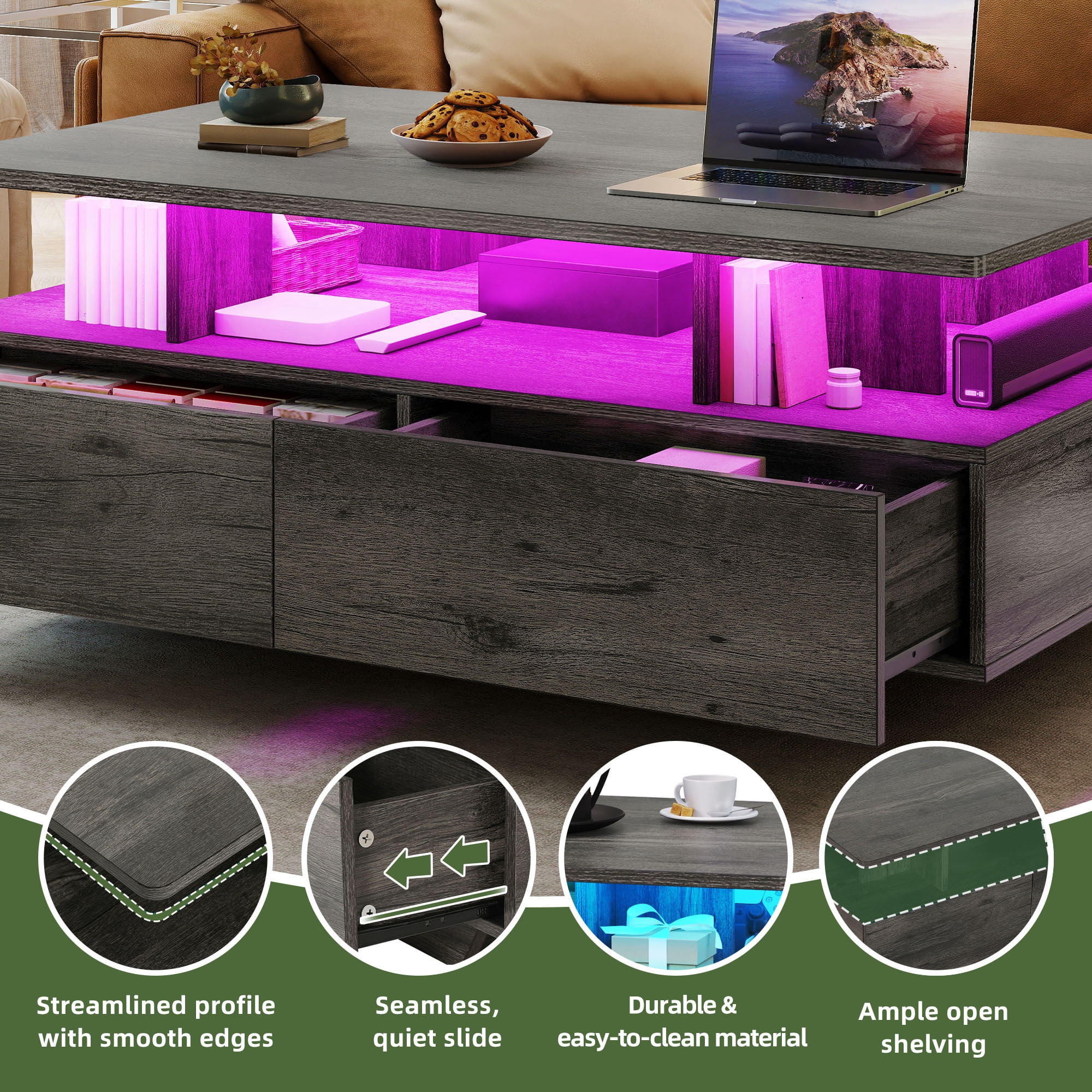 Uforic Modern LED Coffee Table, Center Tables with Storage for Living Room, Gray