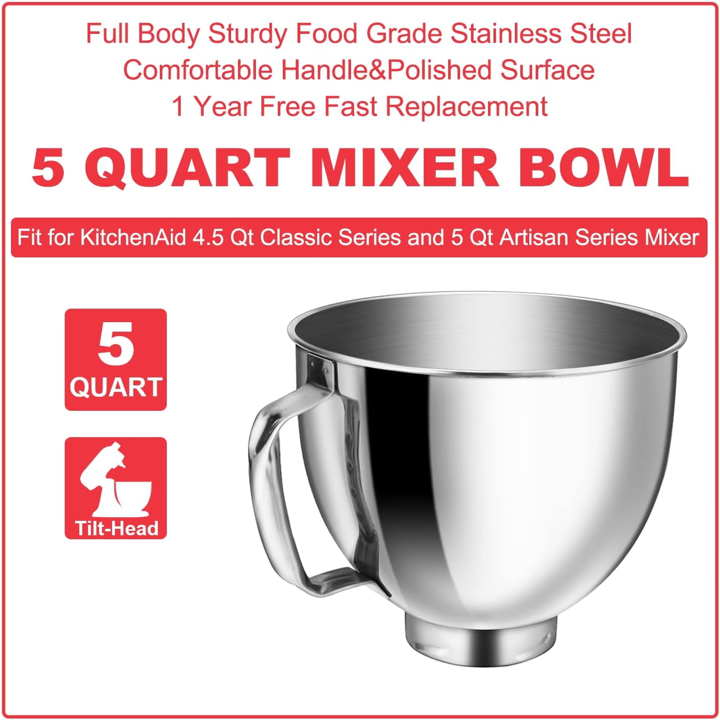 Stainless Steel Bowl for KitchenAid Classic&Artisan Series 4.5-5 QT Tilt-Head Mixer, 5 Quart 304 Stainless Steel Bowl with Handle, Dishwasher Safe.