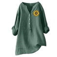 thumbnail image 2 of Plus Size Cotton Linen Blouses for Women Summer Casual Dandelion Print V Neck Button Down Roll-up 3/4 Sleeve Tunic Trendy Tops Shirts, 2 of 3