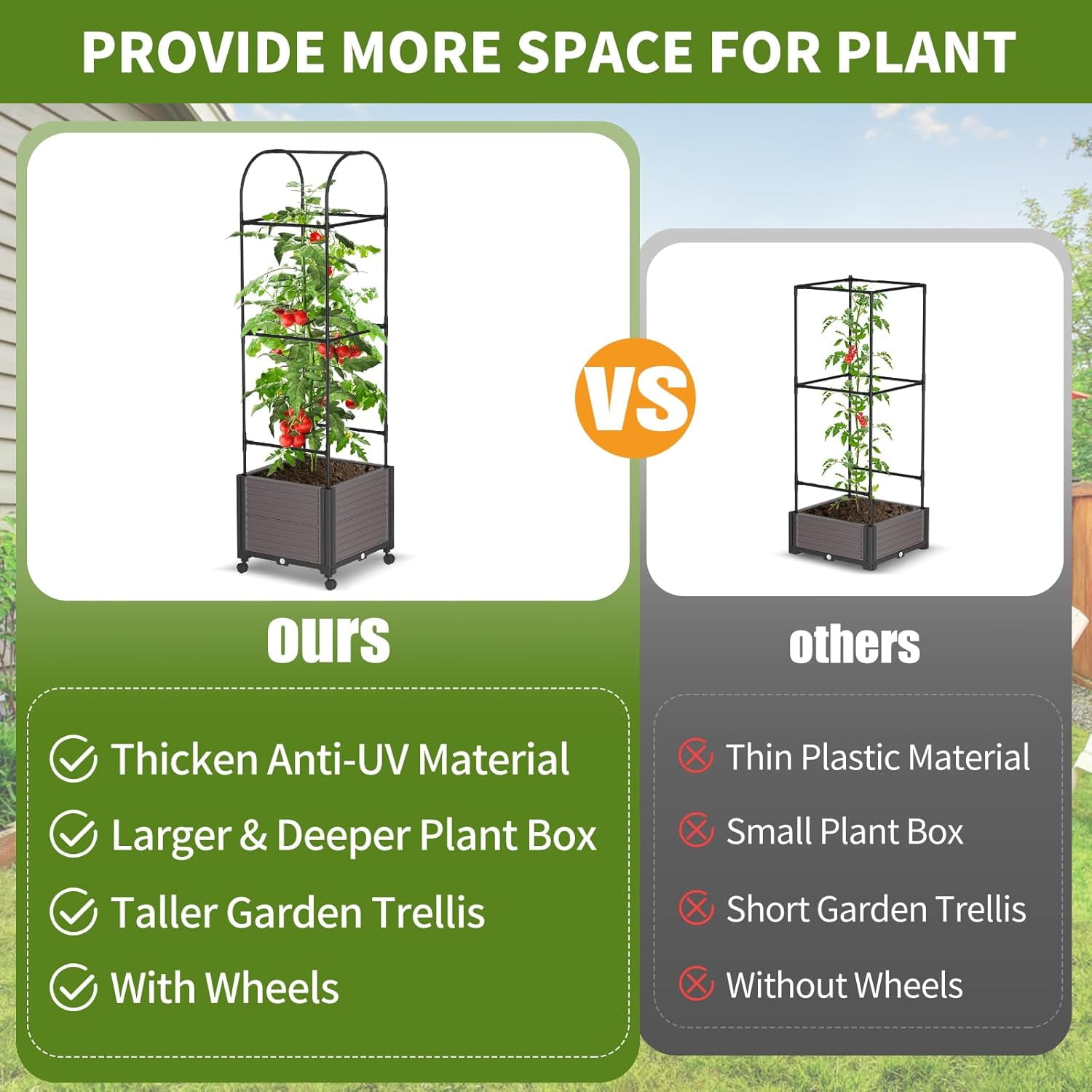 Slsy 2 Pack Raised Garden Bed Planter Box with Wheels,Tomato Cage Planter Raised Garden Bed with Trellis for Climbing Vegetables Plants Tomato Cage, Indoor Outdoor Use