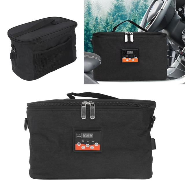 bolsa de calefacción de automóviles 8l calentador de alimentos portátiles 12 v para almuerzo, bolsa rectangular negra de tela Oxford con doble cremallera y asa superior; vista frontal con panel de control digital naranja y botones, anillas para correa y bolsillo lateral de malla, capacidad 8 L, adecuada para loncheras, biberones y bebidas en el coche mediante toma de 12 V y a menudo usada también para mantener alimentos calientes en viajes cortos.