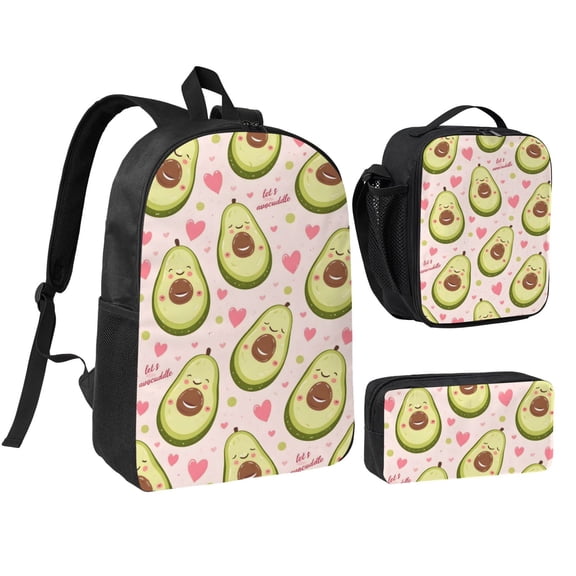 Cute Avocado Backpack Set 3pc ，Backpack with Lunch Bag and Bag 17 Inch