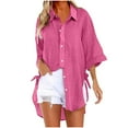 thumbnail image 2 of Alkepwun Womens Button Down Shirts Cotton 3/4 Sleeve Dressy Tops Oversized Boyfriend Blouses Knot Side Collared Tops with Pockets, 2 of 6