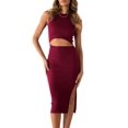 thumbnail image 1 of Vestido PRETTYGARDEN Midi Ajustado Sin Mangas con Corte Rojo Vino Talla L, 1 of 5