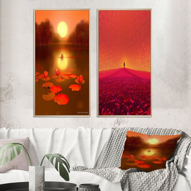 Designart "Serenity Reflections Lotus Pond in Asian Landscape" Asian Art Framed Wall Art Set Of 2 - Global Red Framed Canvas Set For Living Room Decor