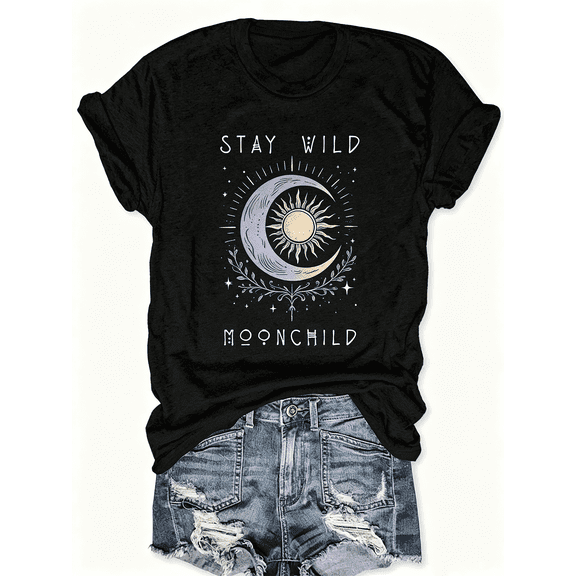 Stay Wild Moonchild Sun Moon Floral Witchy Boho Vintage Graphic T-Shirt