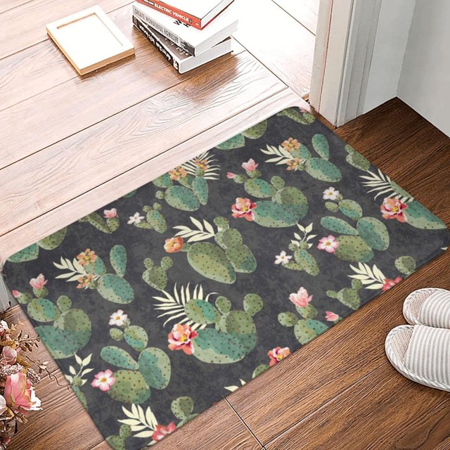 Front Door Mat Cactus Plants Flower Bedroom Entryway Rug Non-Slip Washable Indoor Carpet Doormat Decorative Low Profile Area Rug for Home Living Room Bedroom Laundry Floor Decor, 24 x 16 Inch