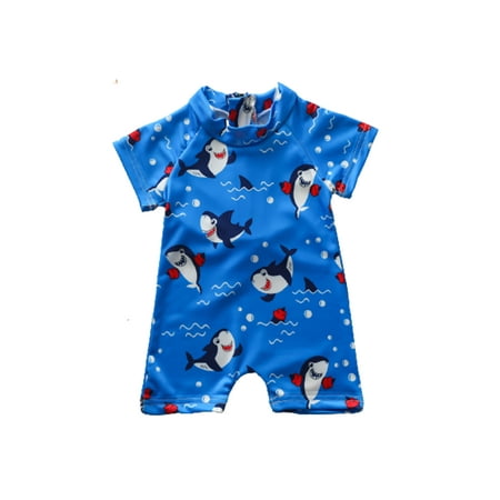 

0-3Y Infant Baby Boys One Piece Swimwear Cartoon Animal Print Short Sleeve Zipper Blue Beachwears For Kids Summer Gifts