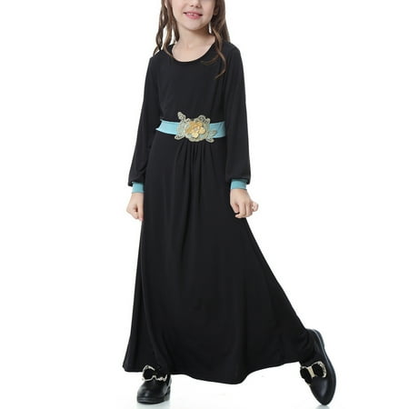 

Leesechin Girls Dresses Clearance Muslim Long Dress Medium Big Long Sleeve V Neck Colorblock Dress