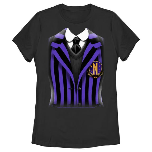 Women's Wednesday Nevermore Academy Uniform Purple  Graphic Tee Black Medium