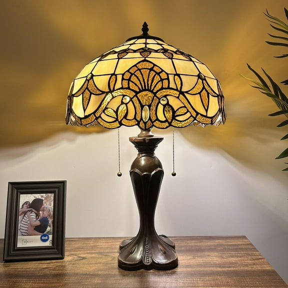 Tiffany Table Lamp Gold Stained Glass Baroque Style Lavender LED Bulbs Included for Living Room Bedroom Bedside 16"W*16"D*24"H