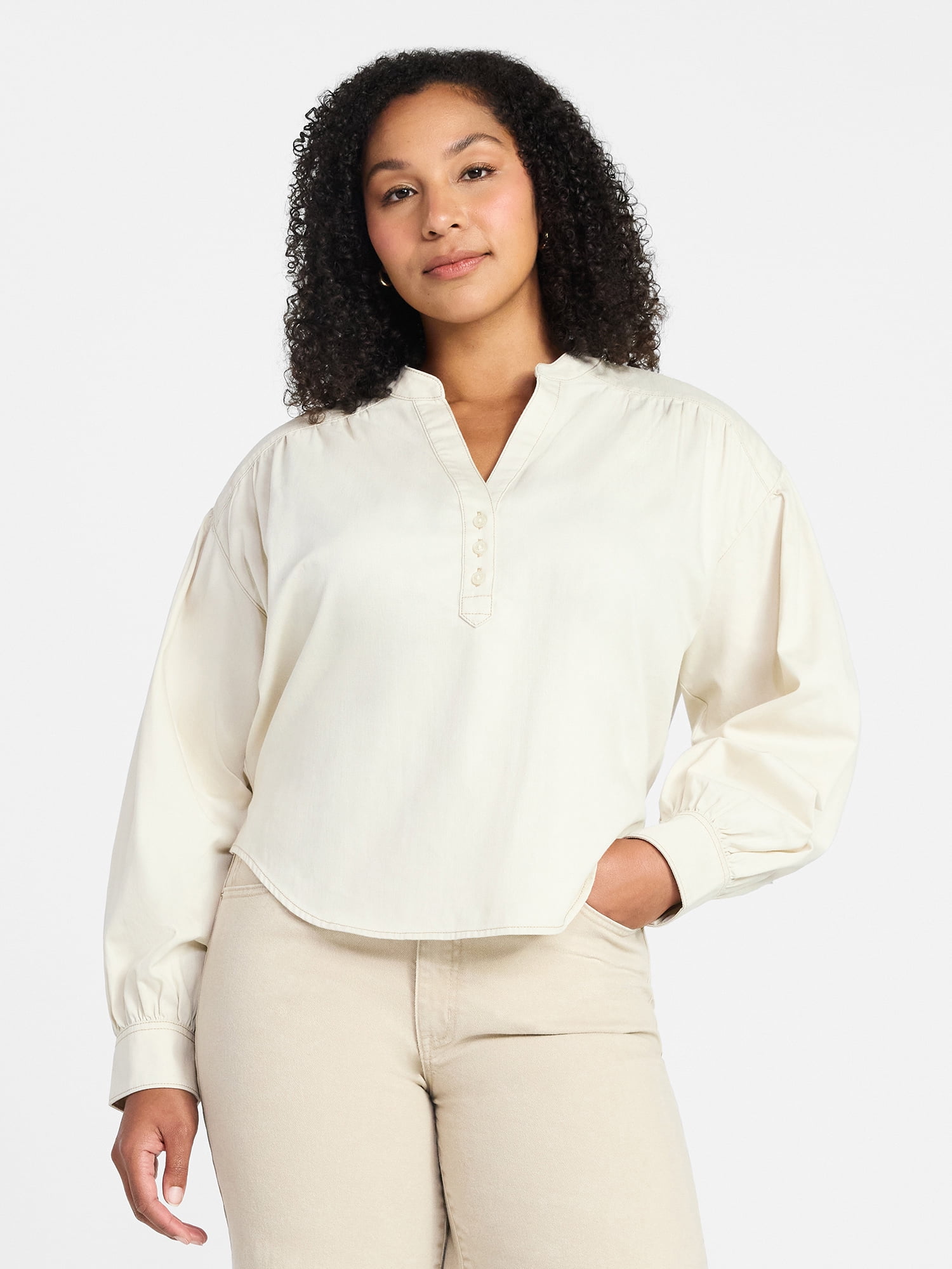 Time and Tru Women's Popover Denim Top with Long Sleeves, Sizes XS-XXXL