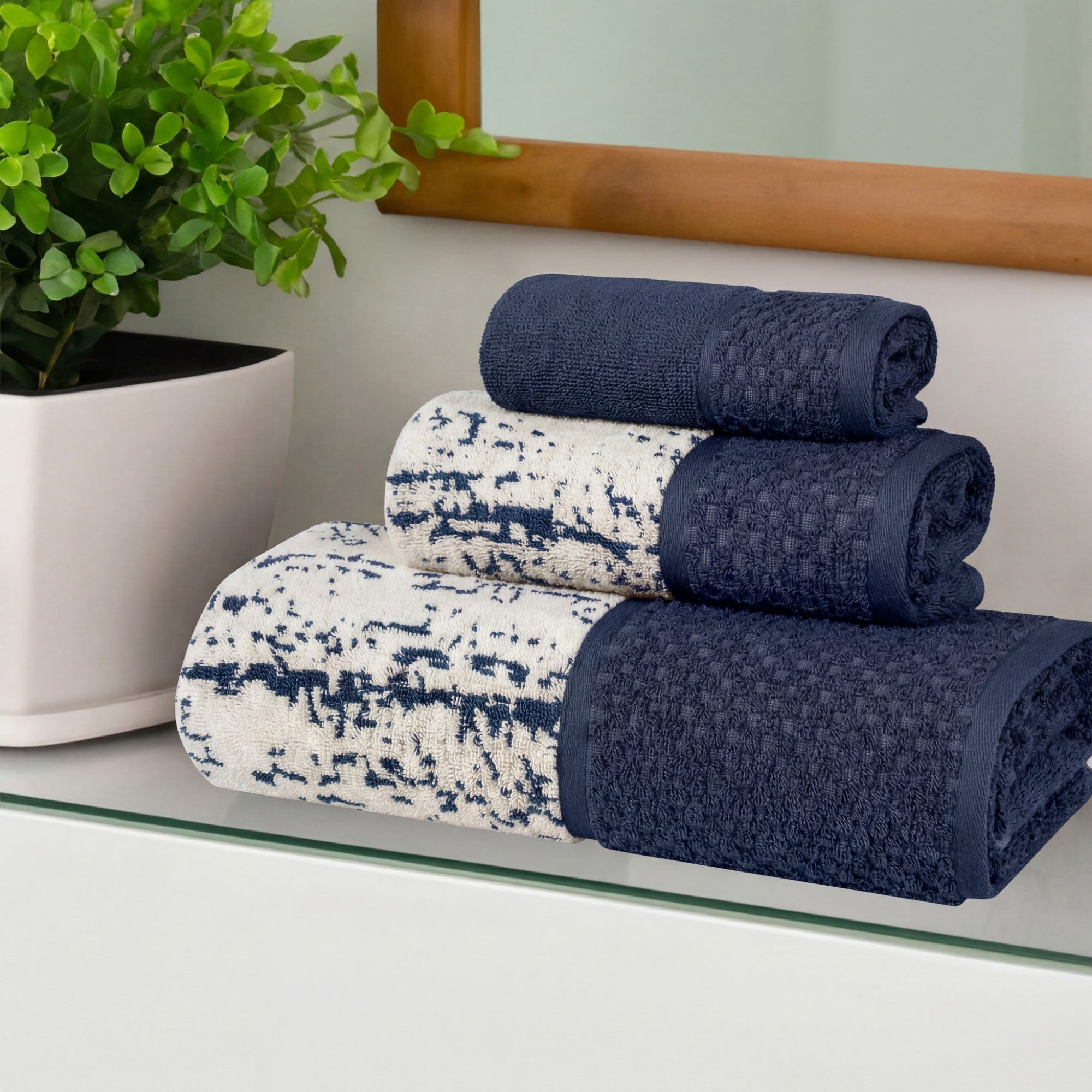 Superior Modern Cotton 3 Piece Bathroom Towel Set Mixed Pattern Solid, Navy Blue-Ivory