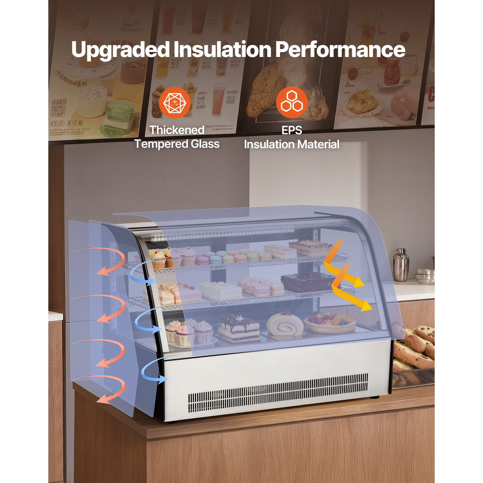 KFFKFF Refrigerated Countertop Display Case, 5 Cu.Ft./145L Capacity, 2-Tier Commercial Pastry Refrigerator with LED Lighting, Efficient Cooling System, Frost-Free Air Circulation, Ideal for Bakeries