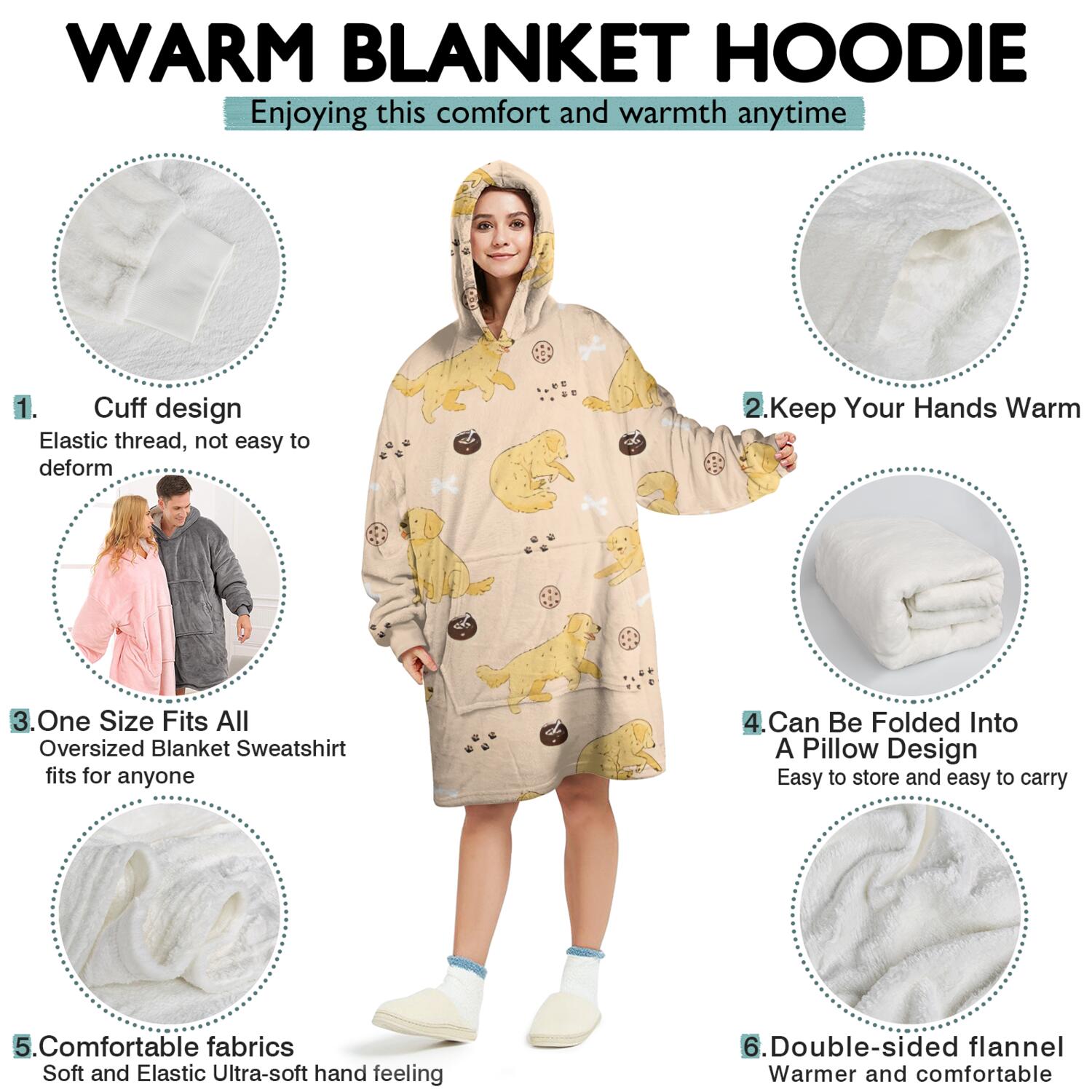 Golden Retriever Wearable Oversized Blanket,Wearable Blanket Hoodie for Adults,Cozy Hooded Blankets with Super Pockets,Super Warm Fuzzy Pullover for Women & Men