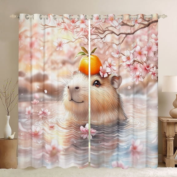Erosebridal Kids Kawaii Capybara With Fruit Orange Black Out Curtains,Boys Girls Floral Cherry Blossoms Curtains Pack of 2 (42x63 Each)Luxury Bedroom Decor