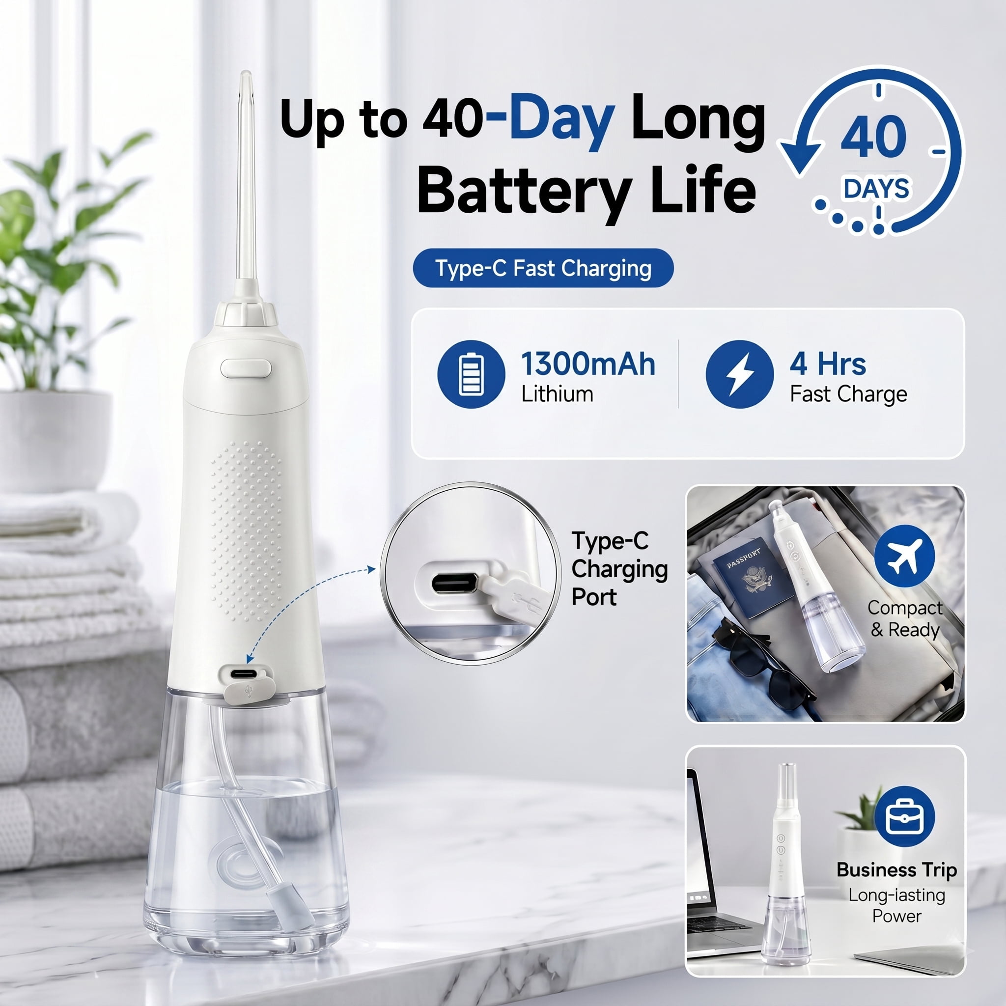 Portable Cordless Water Flosser, 5 Modes, 300ml Water Tank, 35-Day Battery Life, IPX7 Waterproof, Oral Irrigator for Braces and Sensitive Gums