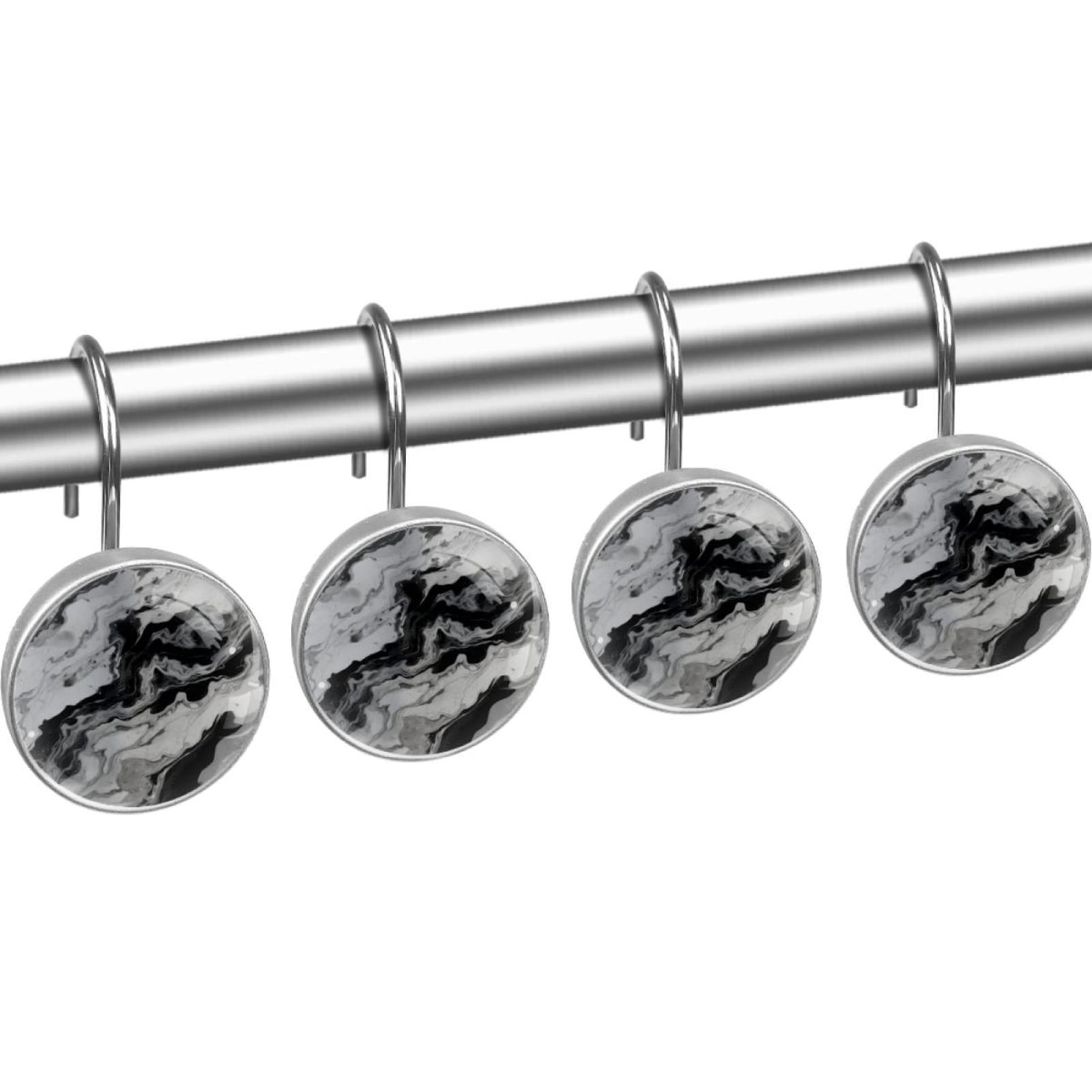 Marble Texture Shower Curtain Hooks （Set of 12） for Home Hotel Shower Rods Bathroom Crystal Glass Print Stainless Steel Round Curtain Hooks