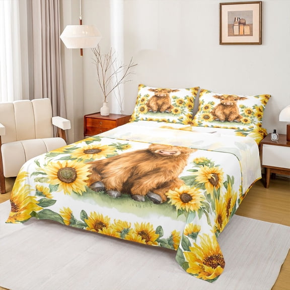 jejeloiu Cute Highland Cow Twin Sheet Sets,Yellow Sunflower Blossom Bedding For Girls Teens 3pcs