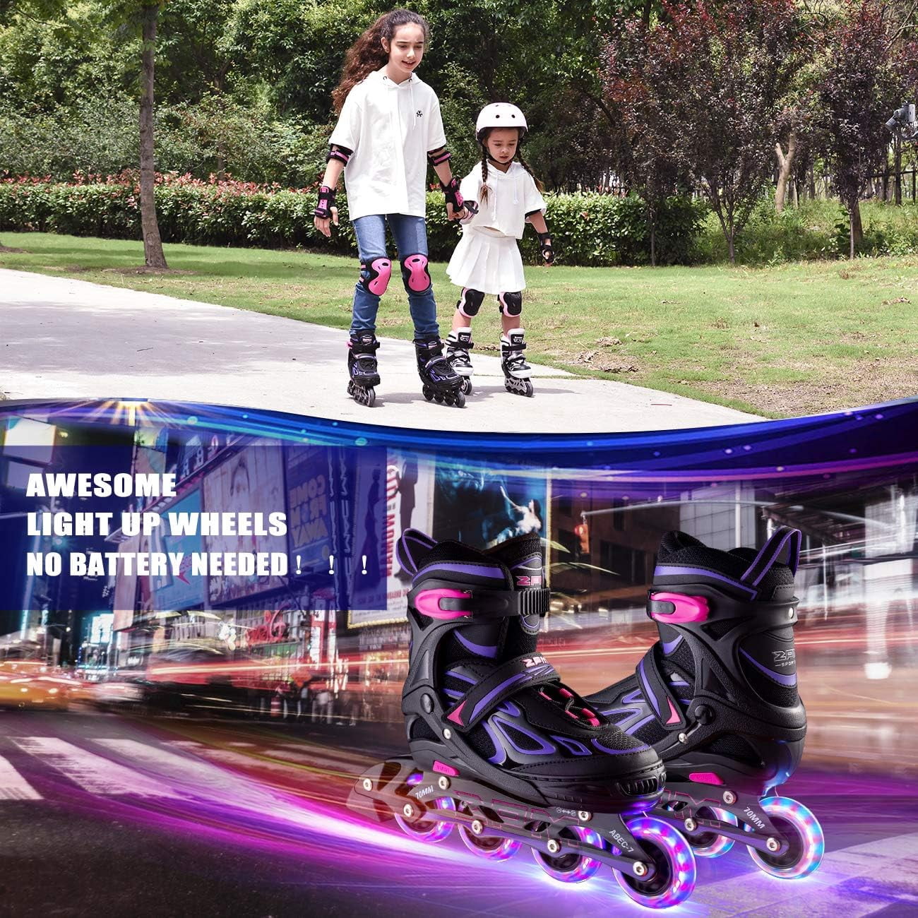 PrimeCook Shop Vinal Girls Adjustable Flashing Inline Skates, All Wheels Light Up, Fun Illuminating Skates for Kids Men Adult Women and Boys