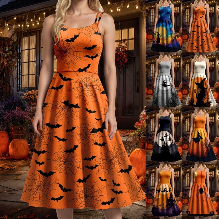 YDFCWXW Halloween Dresses for Women 2025 Vintage Spaghetti Strap Scary  Graphic A Line Midi Dress for Party (Yellow, S) - Walmart.com