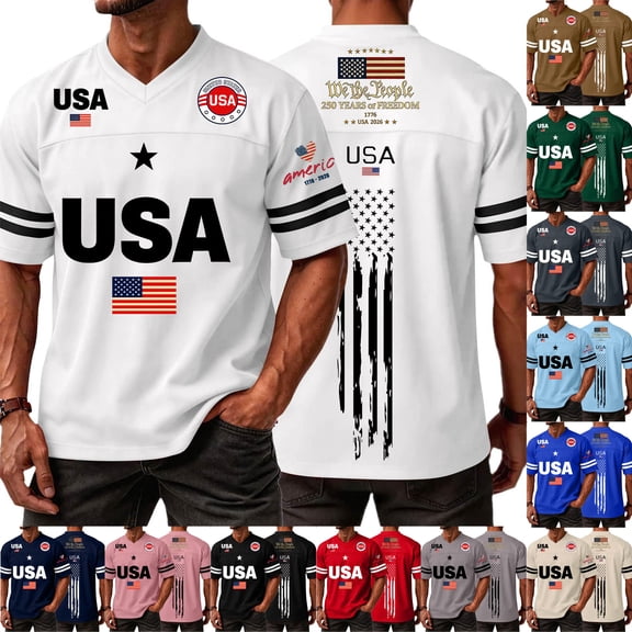 Youpwaven 250th Anniversary USA Merchandise Men's V-Neck Sport Jersey, Patriotic 250 Year American Anniversary Flag Tee, Casual Athletic Short Sleeve