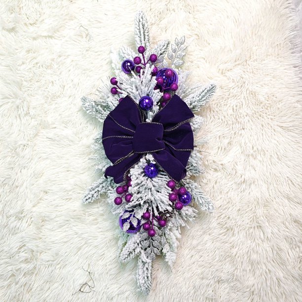 Adornos navideños, lágrima morada con lazo grande de terciopelo, ramas escarchadas, adornos morados, bayas, decoración festiva para puerta y pared para la temporada navideña, corona decorativa.