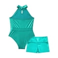 thumbnail image 6 of TiaoBug Kids Girls Shiny Sequins Dance Costume Halter Neck Leotard Metallic High Waist Shorts 2Pcs Sets Hip Hop Jazz Dancewear Lake Green 14, 6 of 7