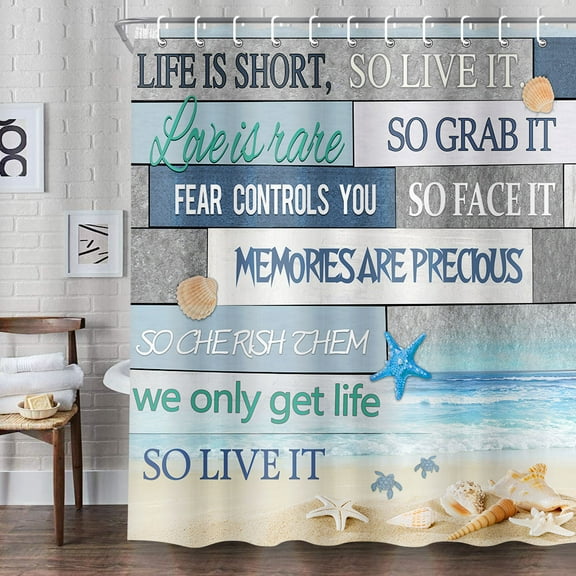 Beach Shower Curtain, Beach Theme Starfish Seashell Bathroom Curtain, Rustic Vintage Wood Ocean Quote Words Fabric Shower Curtain Set, Nautical Coastal Waterproof Bathroom Decor (72X72)