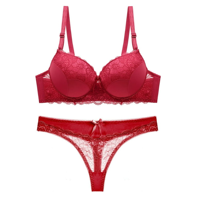Pxiakgy underwear women set Women Lingerie Lace Flowers Push Up Top Bra  Pants Underwear Set Sleepwear Red + 38D 