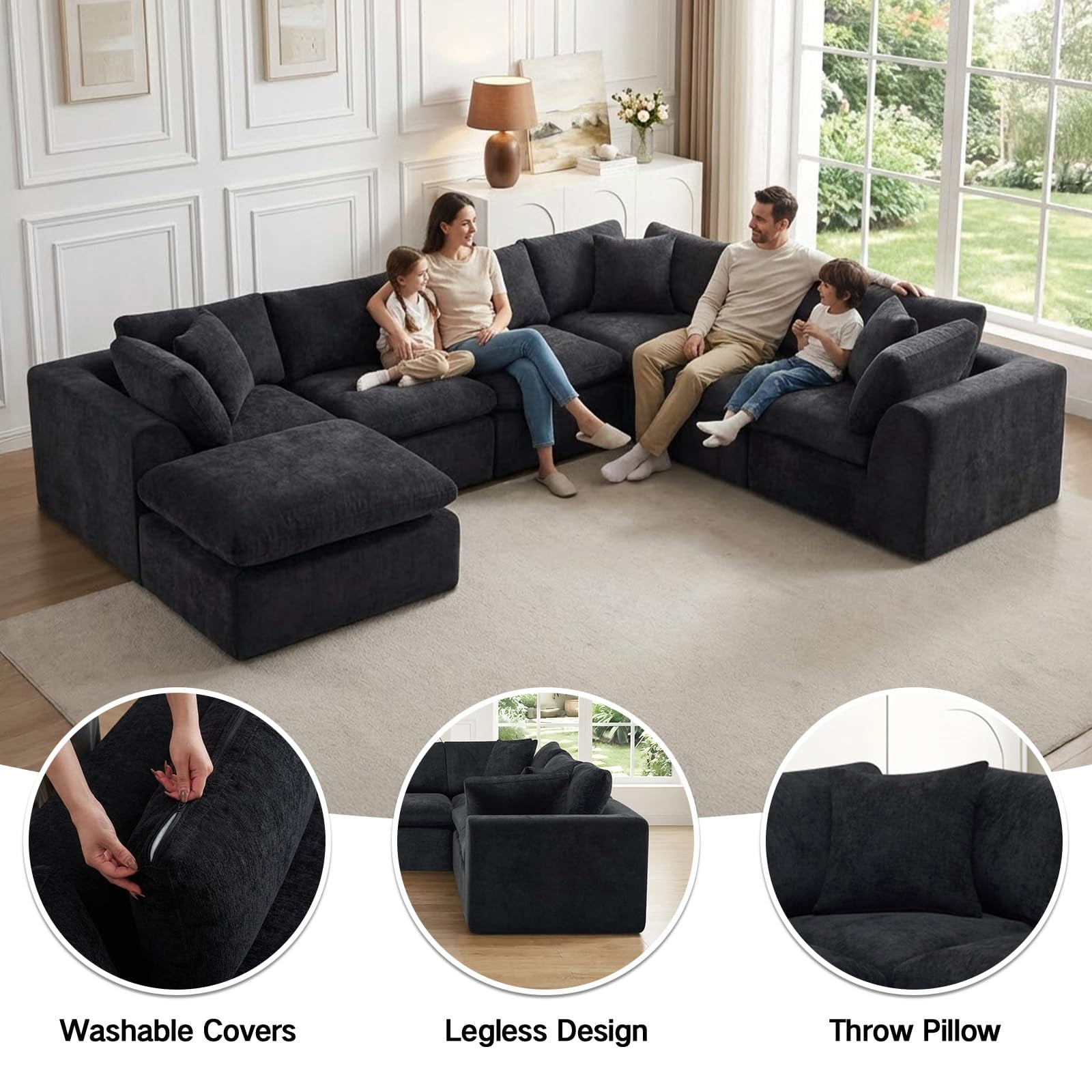 140" Modular 7 Seater Boneless Sofa Sectional Cloud Couches Sofa with Ottoman,No Assembly Required