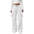 thumbnail image 2 of OIOLOYJM Parachute Pants for Women Drawstring Elastic Waist Baggy Wide Leg Quick Dry Hiking Cargo Pants Loose Fit Y2k Streetwear with Multi Pockets White L, 2 of 5