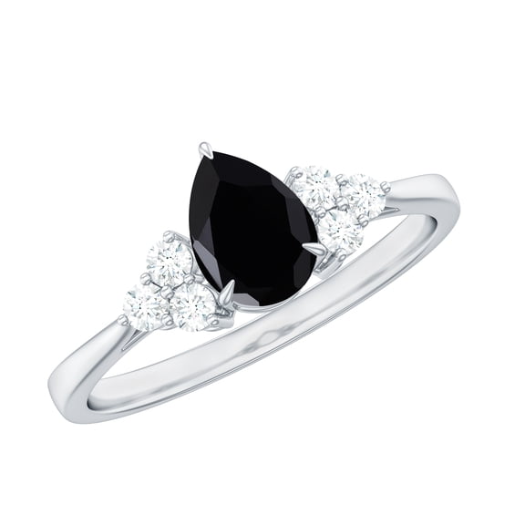 Rosec Jewels Black Spinel Engagement Ring with Diamond Trio, Pear Cut Spinel and Diamond Ring, 925 Sterling Silver, US 4.00