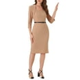 thumbnail image 4 of INSPIRE CHIC Allegra K Work Office Dress for Women's 3/4 Sleeve Belted Sweetheart Neck Sheath Dress L Dark Apricot, 4 of 6