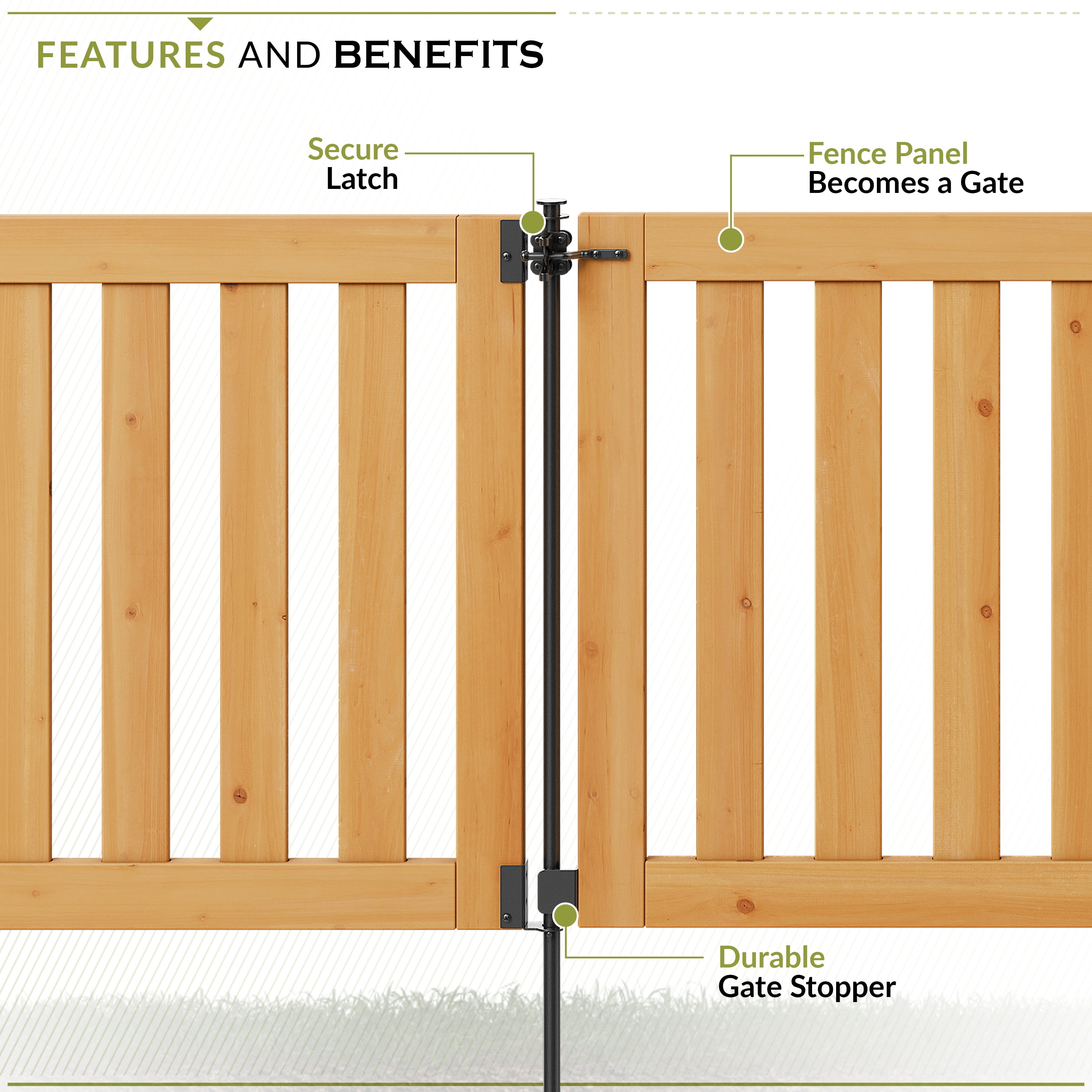 Gate Latch Hardware for the Newberry Wood Fence by Zippity Outdoor Products. The Newberry Fence is Designed So That Any Panel Can Be Converted to a Gate Using The Locking Latch Hardware Kit, ZPI19082