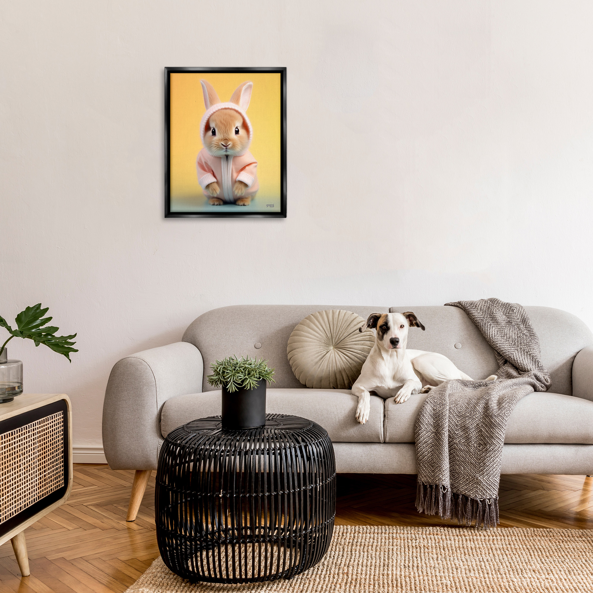 Stupell Industries Cozy Bunny on Yellow Animals & Insects Painting Black Floater Framed Canvas Art Print Wall Art, 25 x 31