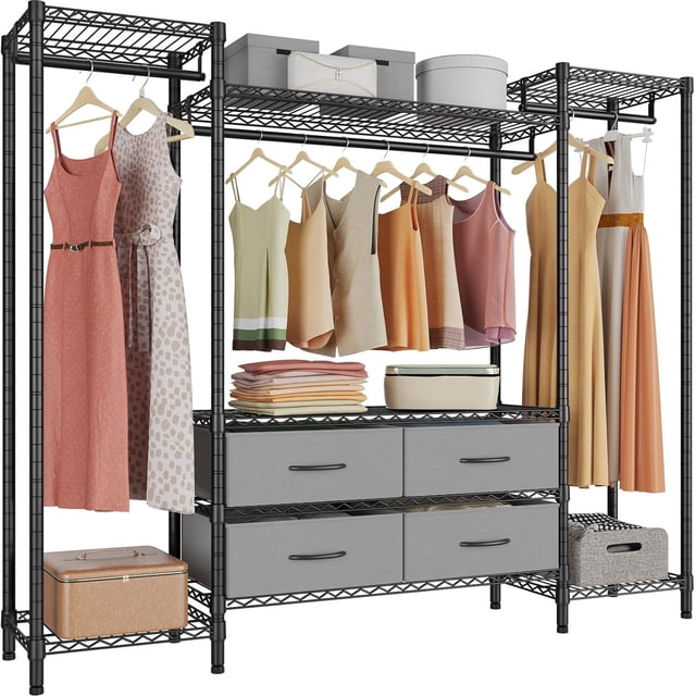 VIPEK V20 Wire Garment Rack Heavy Duty Rack, Metal Rack with 6 Shelves, 3 Hang Rods for Hanging Garment, Compact Wardrobe Closet, 56.7" L x 14.6" W x 70.9" H, Black