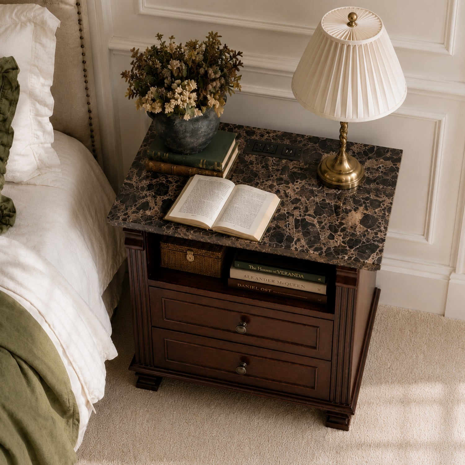 Tall Modern Nightstand with Charging Station, Bedside Table with 2 Drawers, Marble Grain Storage End Table with USB Ports and AC Outlets for Bedroom, Living Room, Brown