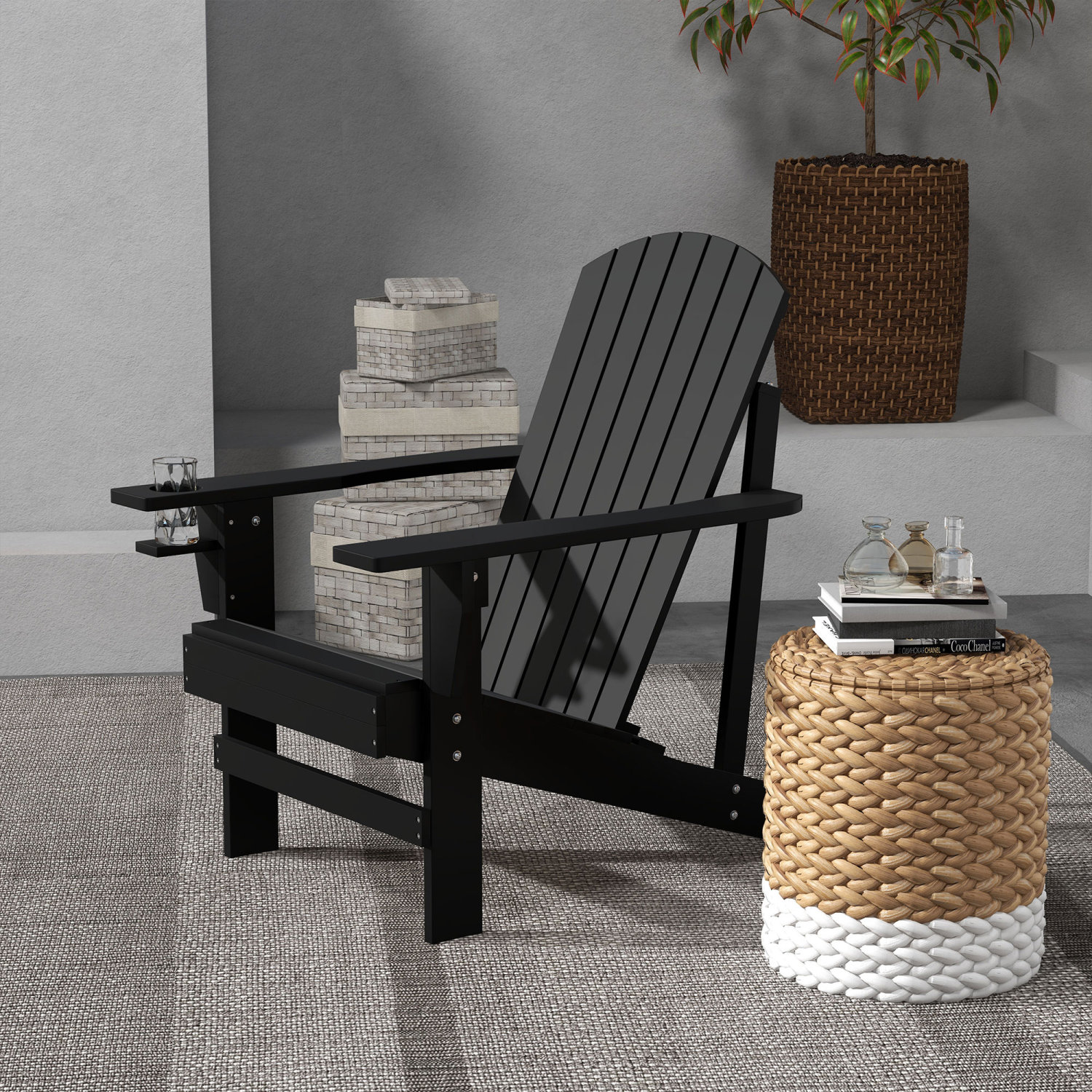 Wooden Adirondack Chair, Outdoor Patio Lounge Chair With Cup Holder For Deck, Garden, Backyard, Black
