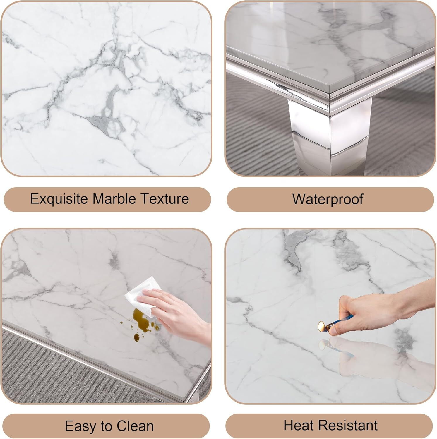 Faux Marble Dining Set of 7, Marble Pattern Table with S-Shaped Stainless Steel Legs, Velvet Dining Chairs with Nailhead Trim, Modern Style for Living Room, Dining Room, Conference Room
