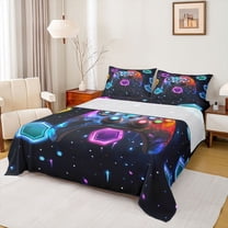 Castle Fairy Teens Boys Abstract Gradient Gamepads Twin Sheet Sets 3pcs,Video Game Twin Fitted Sheet Microfiber,Galaxy Geometric Honeycomb Breathable Flat Sheet,Lightweight Room Decor