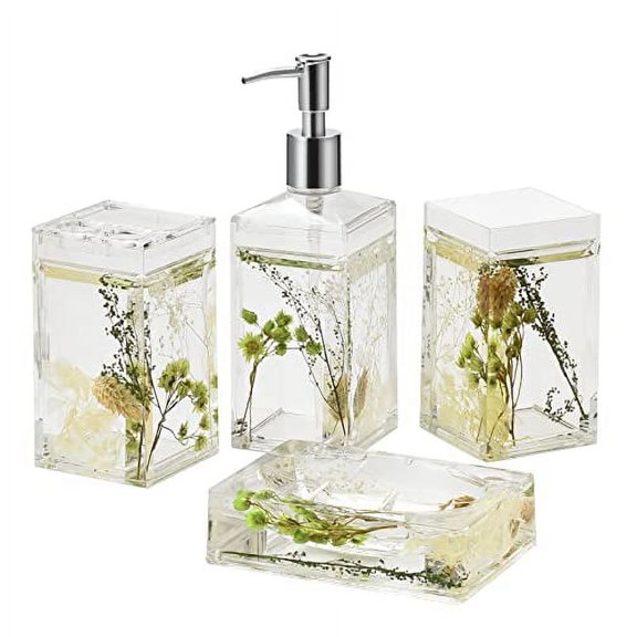 Locco Decor 4 Piece Acrylic Liquid 3D Floating Motion Bathroom Vanity Accessory Set Green Plants