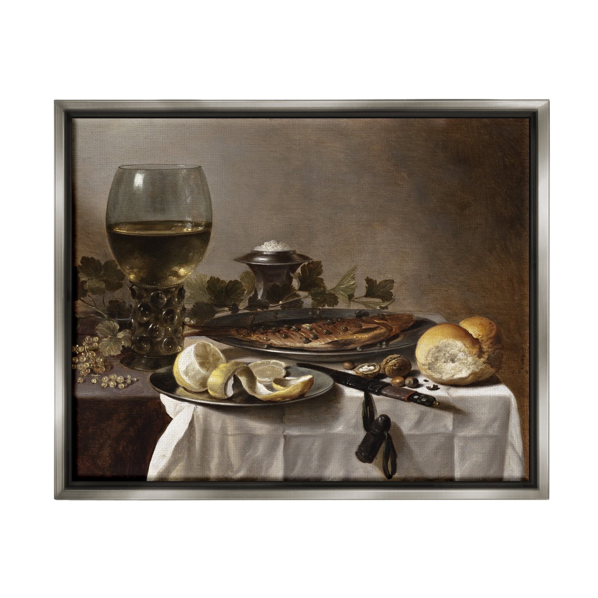 Stupell Industries Still Life with Herring Wine and Bread Pieter Claesz Painting Painting Luster Gray Floating Framed Canvas Print Wall Art, Design by one1000paintings