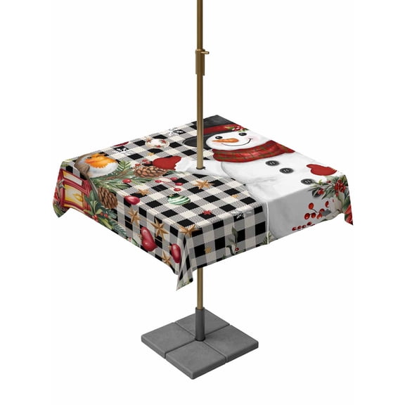 Outdoor Tablecloth with Umbrella Hole and Zipper, Christmas Plaid Square Table Cloth 54x54 Inch Waterproof Tablecloth, Black Snowman Xmas Tree Snowflake Buffalo Picnic Table Cover for Patio Camping