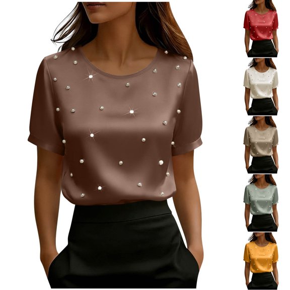 Women's Pearl Embellished Satin Blouse, Round Neck Short Sleeve Elegant Top, Silky Dressy Shirt for Work, office, Business Yellow XL(XL)