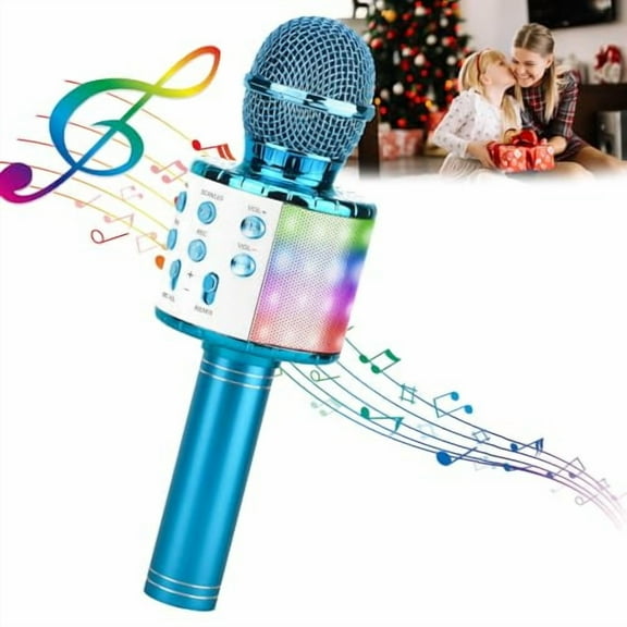 Karaoke Microphone,4 in 1 Wireless Microphone with LED Lights Handheld Portable Karaoke Machine,Home KTV Player,Compatible with Android & iOS Devices(Blue)